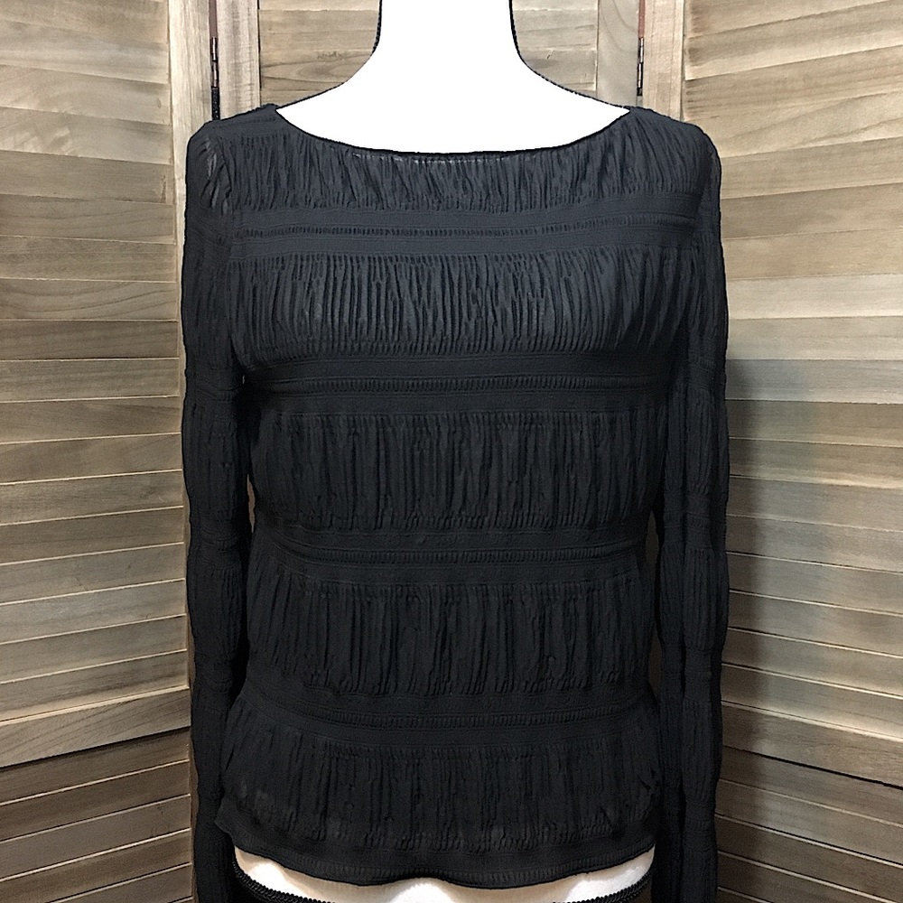 Anne Klein Black Top with Ruched Detail and Sheer Long Sleeves, Large